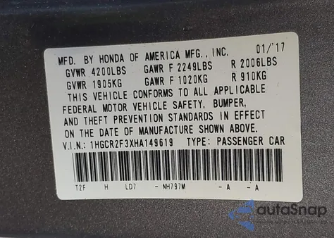 2017 Honda Accord Lx from USA, damaged, VIN 1HGCR2F3XHA149619